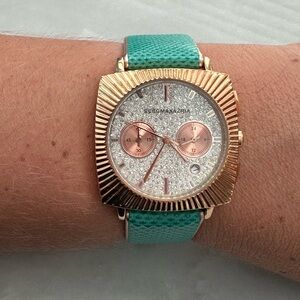 BCBGMaxAzria Gold and Teal Watch with Modern Design